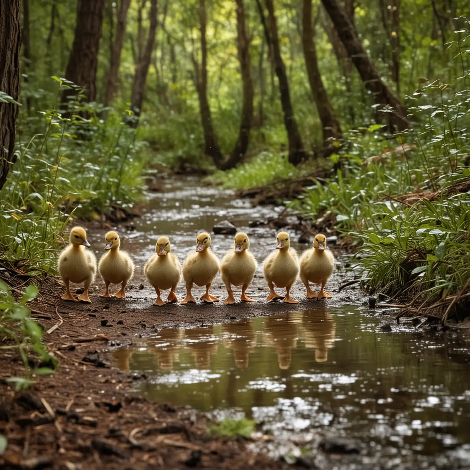 six baby ducks walking through a forest down to a river