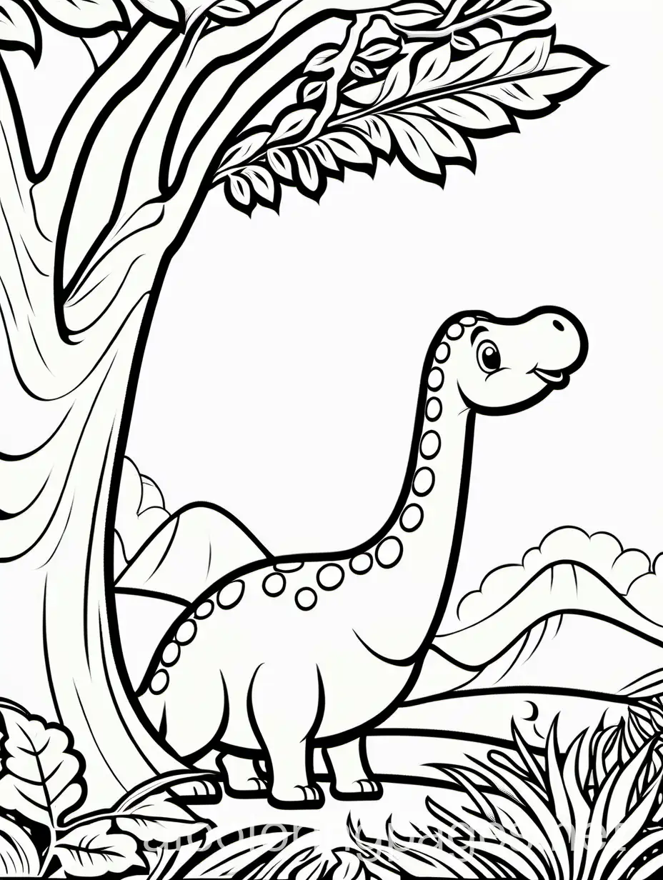cute cartoon brontosaurus eating leaves from a tall tree





, Coloring Page, black and white, line art, white background, Simplicity, Ample White Space. The background of the coloring page is plain white to make it easy for young children to color within the lines. The outlines of all the subjects are easy to distinguish, making it simple for kids to color without too much difficulty