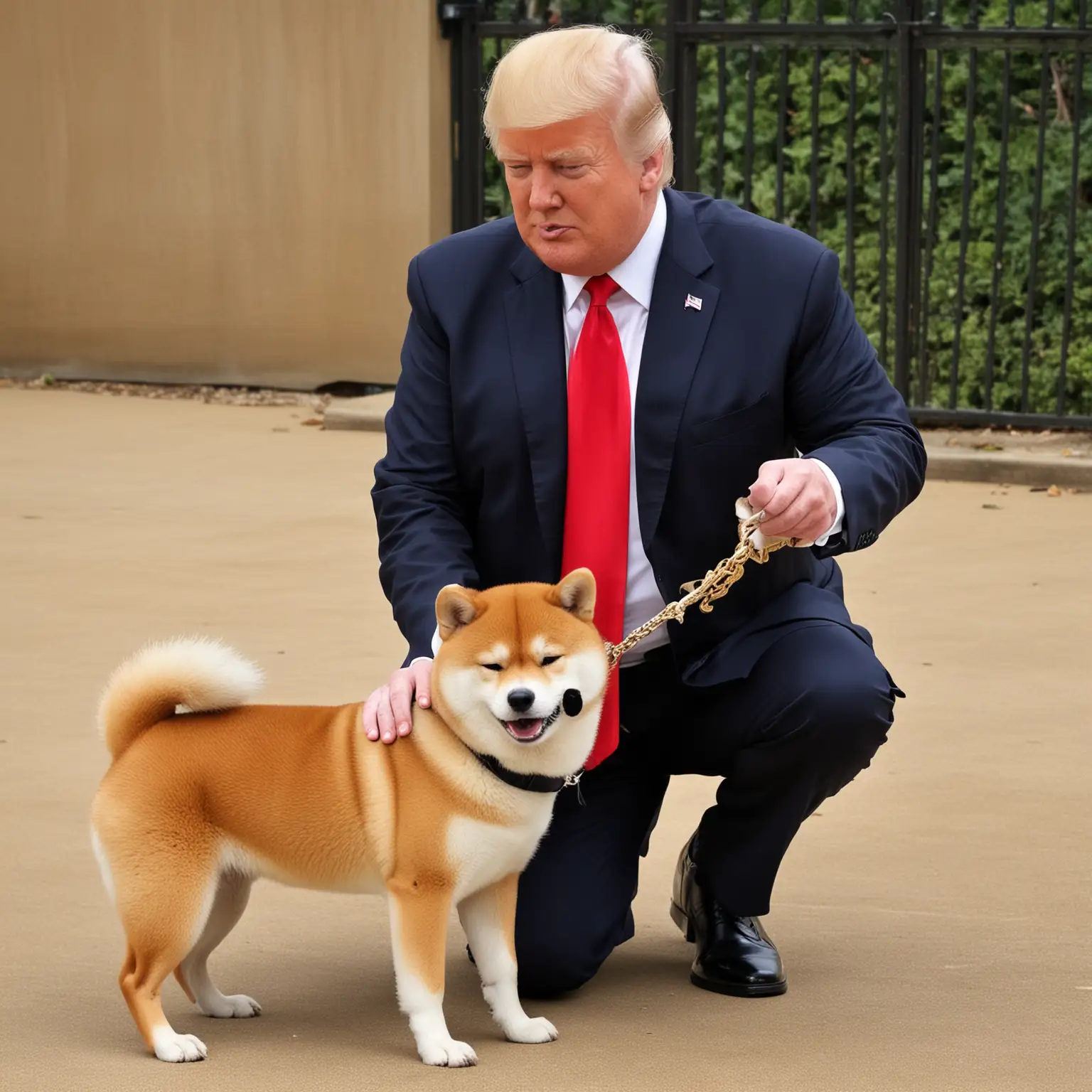 Donald Trump strokes the dog Shiba inu