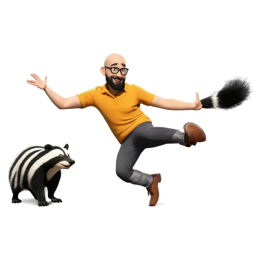 44 year-old bald man and a badger, pixar-style, glasses, medium black beard, disco dancing