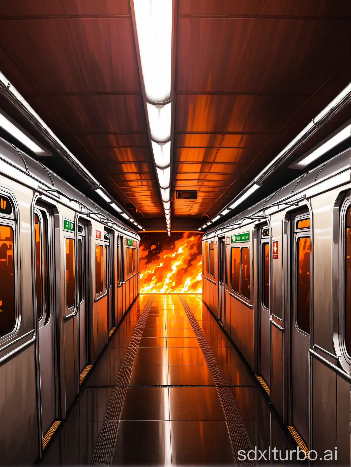 The interior of the subway on fire.