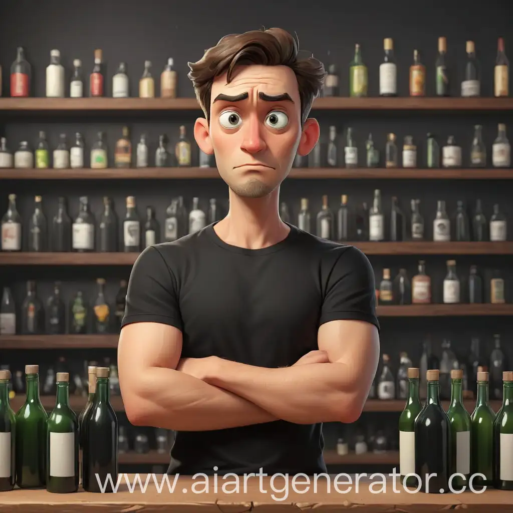 Cartoonish-Man-in-Black-TShirt-Facing-Dilemma-Among-Bottles