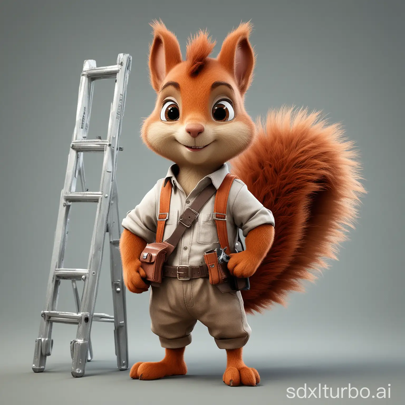 create for me a mascot based on a squirrel that carries scaffoldings, tools or ladders (of your choice). It should resemble the characters of tic and tac from disney but with clothes. The whole body of the character must be visible