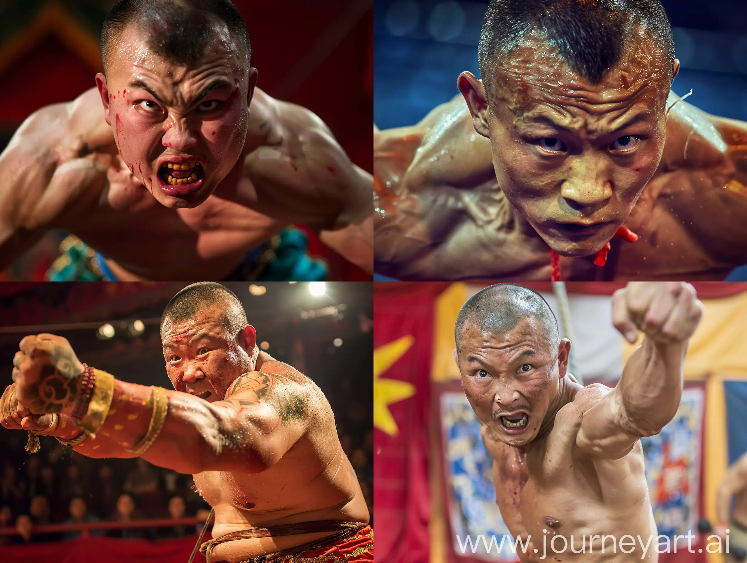 a chinese strongman in Barcelona, performing in a circus, closeup, very strong, pro photo