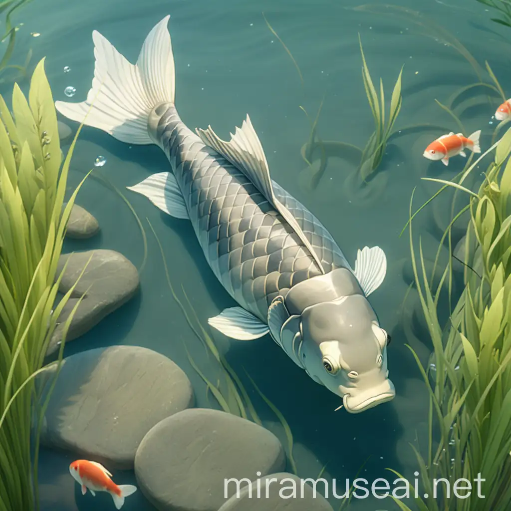  In the style of Ghibli Studio, a gray carp swims in the clear water with some grass by the pond.