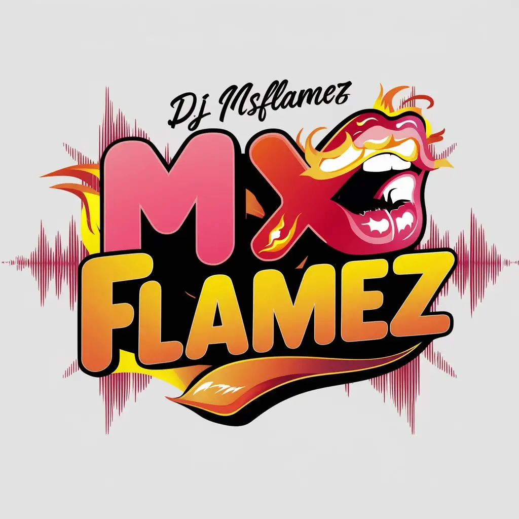 a logo design,with the text "DJ MsFlamez", main symbol:text,DJ MsFlamez, Black outline, Pink, red, yellow, orange, MsFlamez like a lip bite, sexy, soundwaves, MsFlamez in cursive, soundwaves, fire,complex,clear background