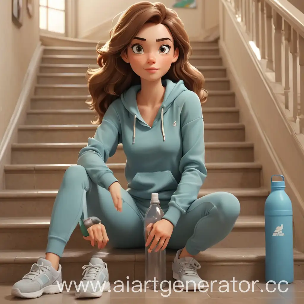 Sporty-Woman-Sitting-on-Stairs-with-Bottle-in-Entrance-Hall