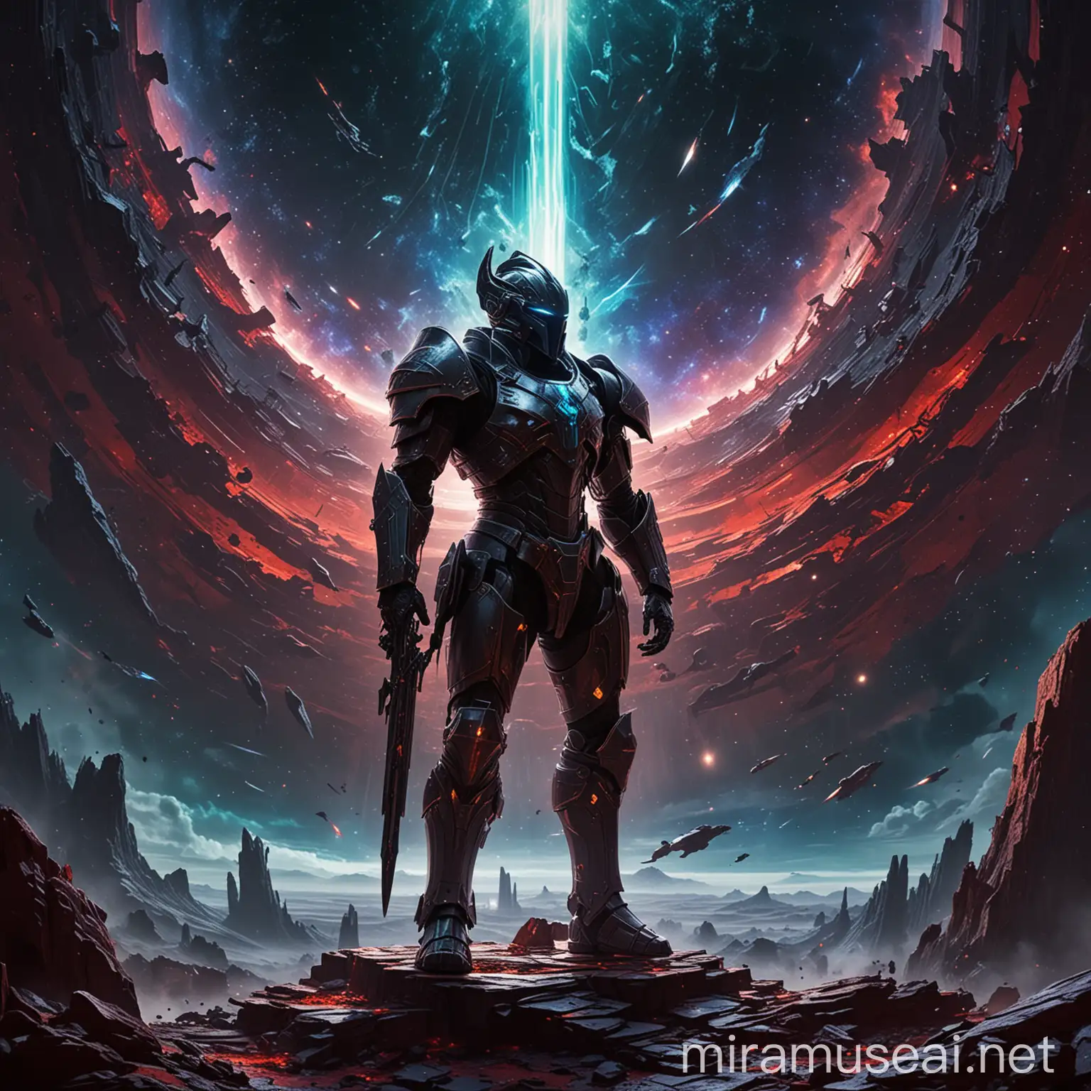 Style: Blend of realism and fantasy

Background: Split composition

Left Side (Gaian Imperium):

A powerful Imperial Legate in imposing battle armor standing on a metallic platform, gazing out at a vast starscape.
Include a gleaming silhouette of a Gaian spacecraft in the distance.
Color scheme: Blues, whites, hints of gold
Right Side (Abyssal Dominion):

A hulking Daemon Prince wreathed in swirling warp energy, raising a massive weapon.
Depict a vortex of the warp spewing forth daemonic entities in the background.
Color scheme: Dark reds, purples, greens
Center:

Title "Fractured Cosmos" in a bold and imposing font with a gradient effect. The font color transitions from a shade of blue (left) to a shade of red (right).
Additional Details:

Subtle cracks along the center line where the two sides meet.
Logos or symbols of the Gaian Imperium and Abyssal Dominion flanking the title.
make the two characters in the visual silhouettes