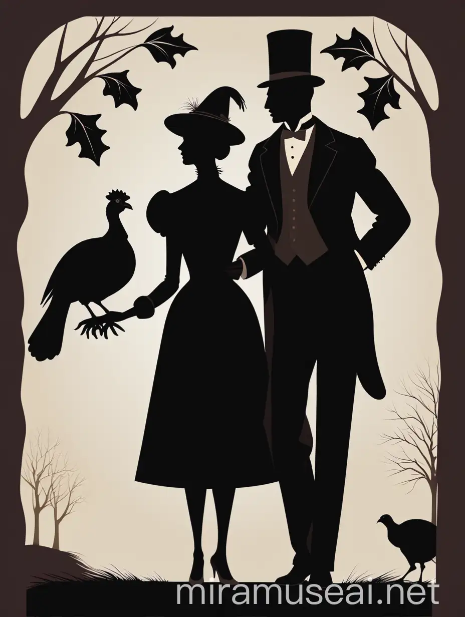 Two dark stylized human silhouette, an elegant man and a old fashionned dressed woman. the man carries a Turkey bird in his arms. The background has two plain colors.