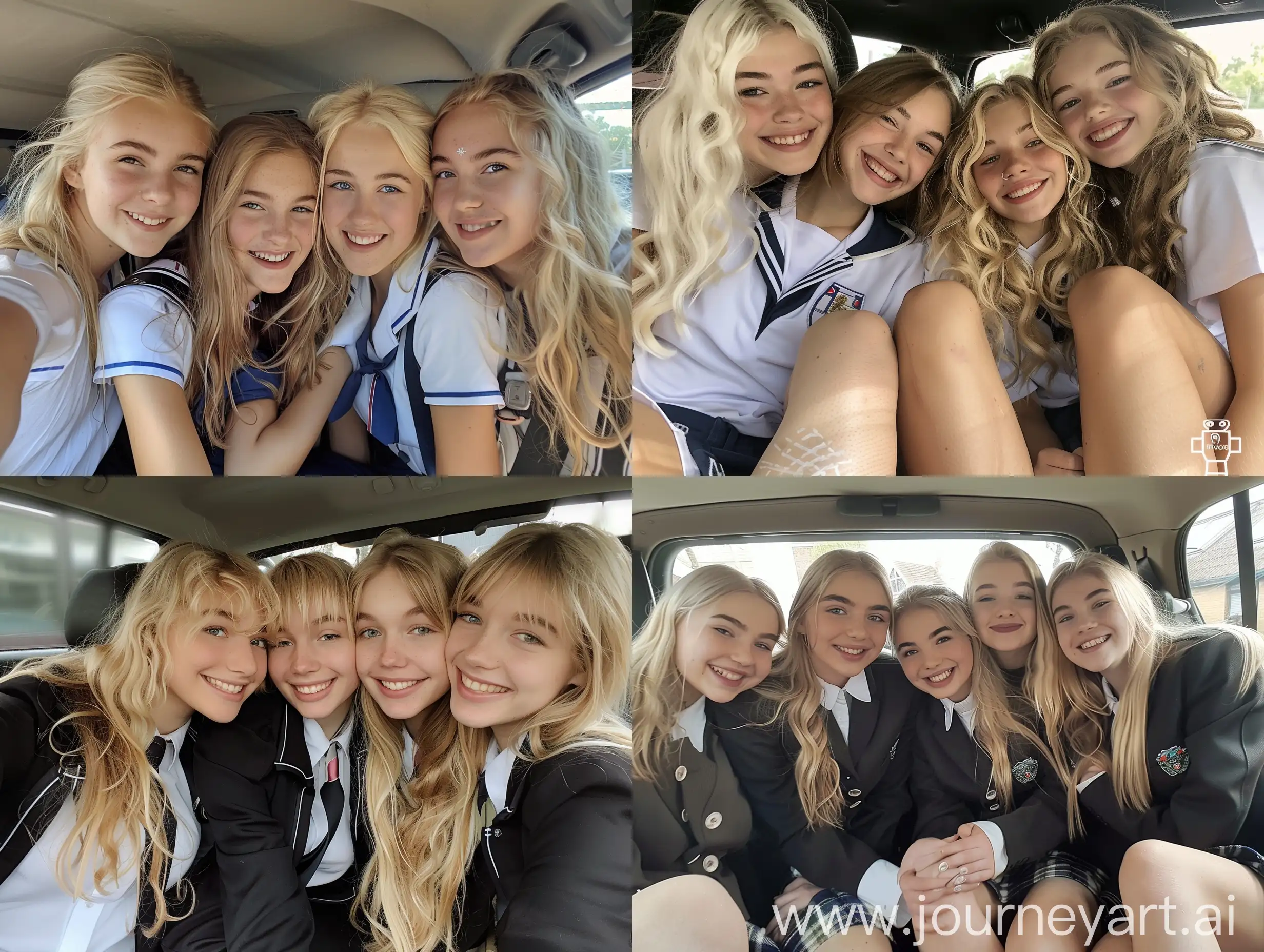 4 girls, 22 years old, blonde hair, , school uniform, smilling, , makeup,  inside car, , no effects, no filters, , , natural , iphone photo natural, fat legs