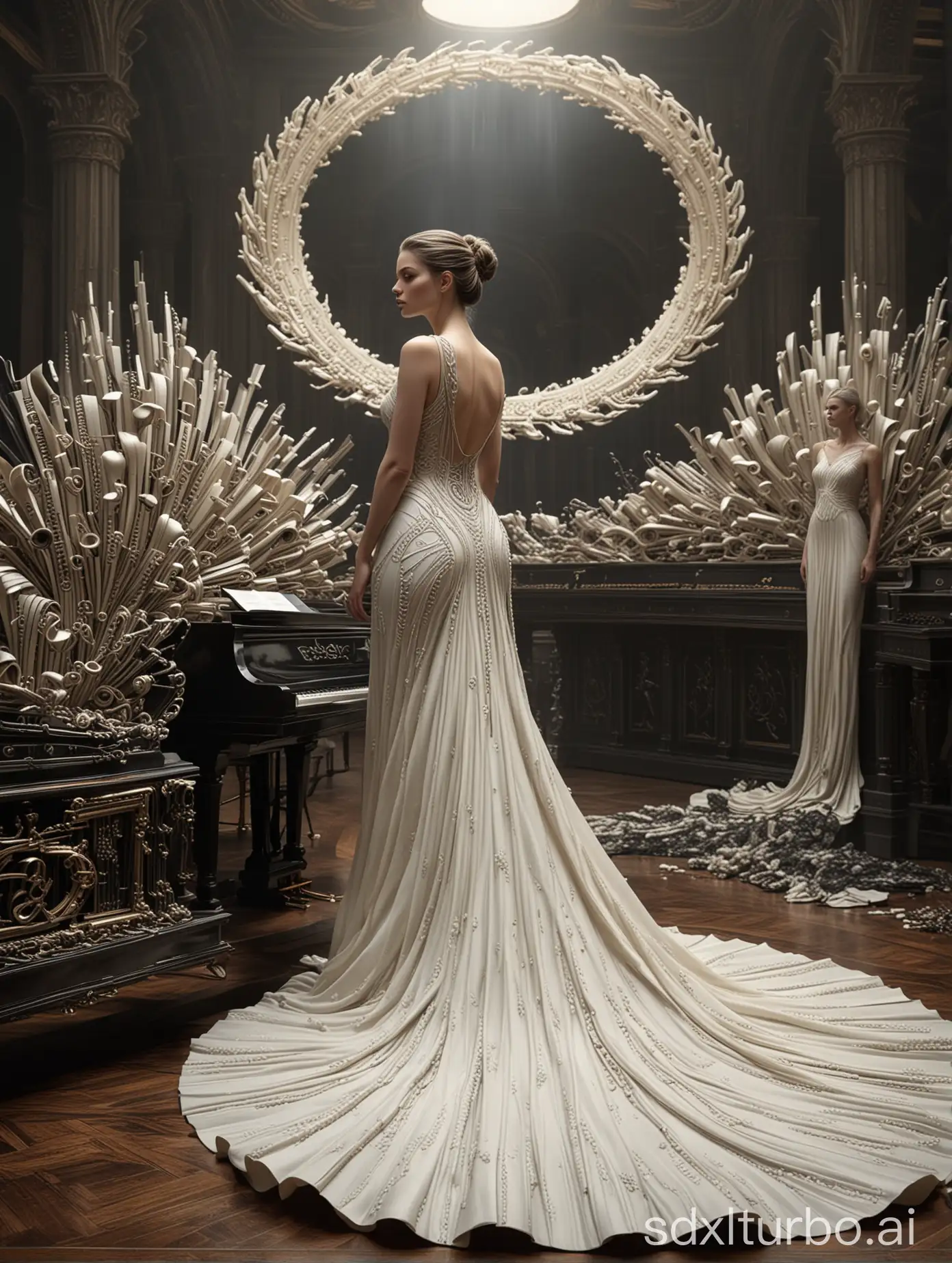 Hyper realistic high definition photography of a woman standing sideways, her gown light cream white and black, her gown's train fanned out behind her in a huge semi-circle shape, denotes the keys of a piano, the design is like piano keys, behind her bursts out, SF, intricate artwork masterpiece, ominous, matte painting movie poster, golden ratio, trending on CG Society, intricate, epic, trending on ArtStation, by Artgerm, H.R. Giger and Beksinski, highly detailed, vibrant, production cinematic character render, ultra high quality model