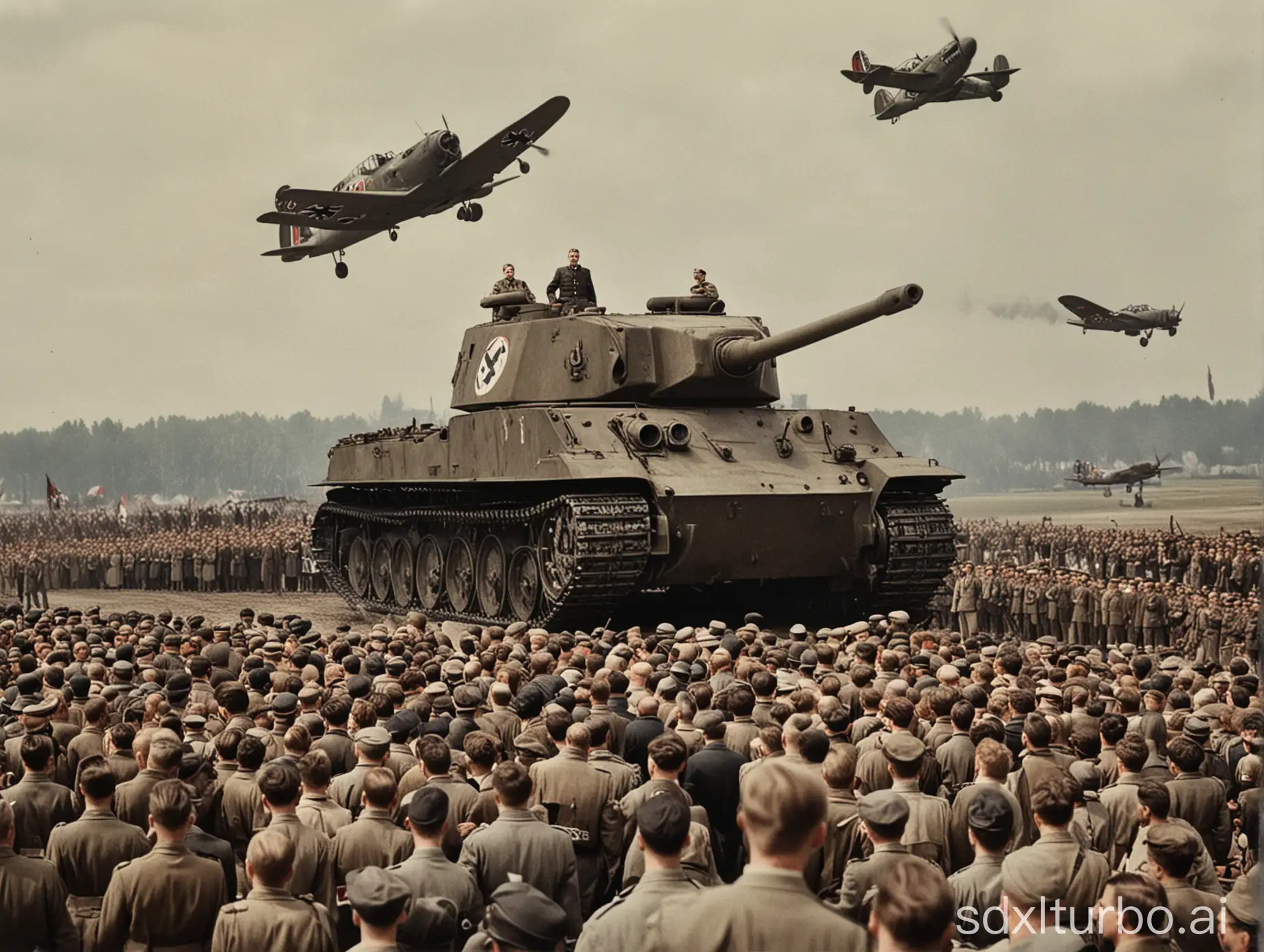 Adolf, Hitler, facing crowd speaking, the second world war,tank,plane