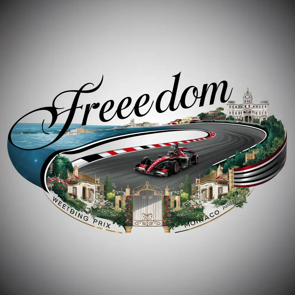 a logo design,with the text "Freedom", main symbol:a logo design,with the text 'Freedom', main symbol:Continue the panoramic view from the front to create a seamless wrap-around effect. This would include more of the coastline, with the ocean extending to the left and additional iconic landmarks like the Prince's Palace. Main Element: Showcase a detailed illustration of the Monaco Grand Prix track with a high-end race car speeding along it. Color Palette: Deep reds and whites for the race car, keeping with a classic racing aesthetic, and the track in shades of grey and black with vibrant markers. Details: Integrate elements of the lush gardens and high-end shops lining the streets, emphasizing Monaco’s blend of natural beauty and opulence. Use small gold foil details on shop signs, garden gates, and other architectural elements. Typography: At the top, center, in a matching elegant cursive font, write 'Welcom to Billionaires Row'.,complex,clear background,complex,clear background