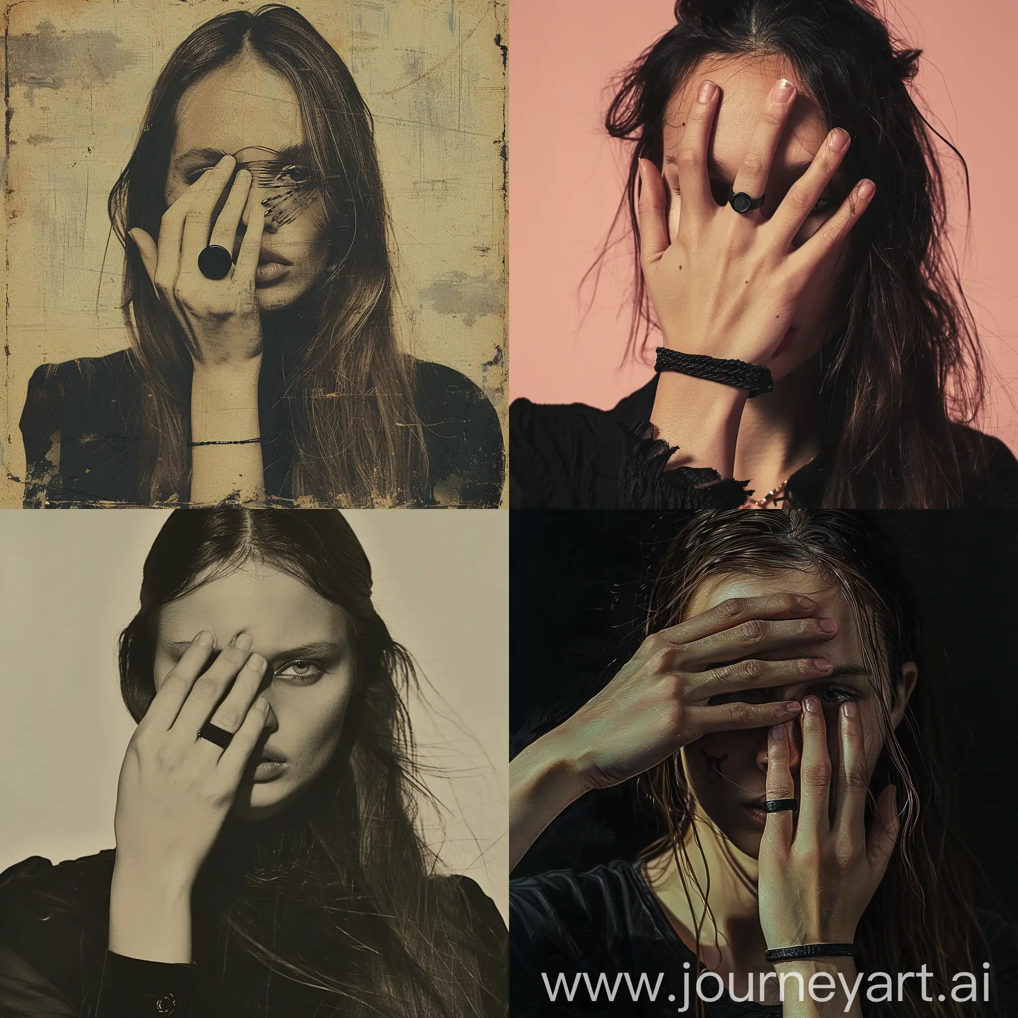 an album art type image of a woman covering her eyes with her hand wearing a black ring and long hair