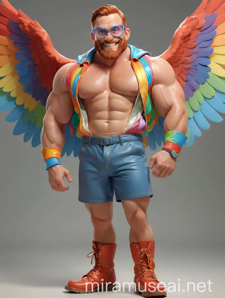 Muscular Red Head Bodybuilder Flexing with Rainbow Eagle Wings Jacket