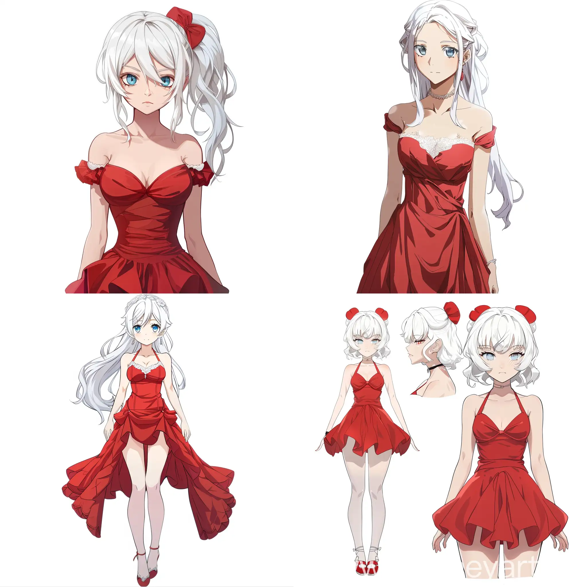 character reference on white background, OC reference, original character, original full-length character, one white-haired girl in a red dress, fantasy au, anime style, forehead, blue eyes and white skin