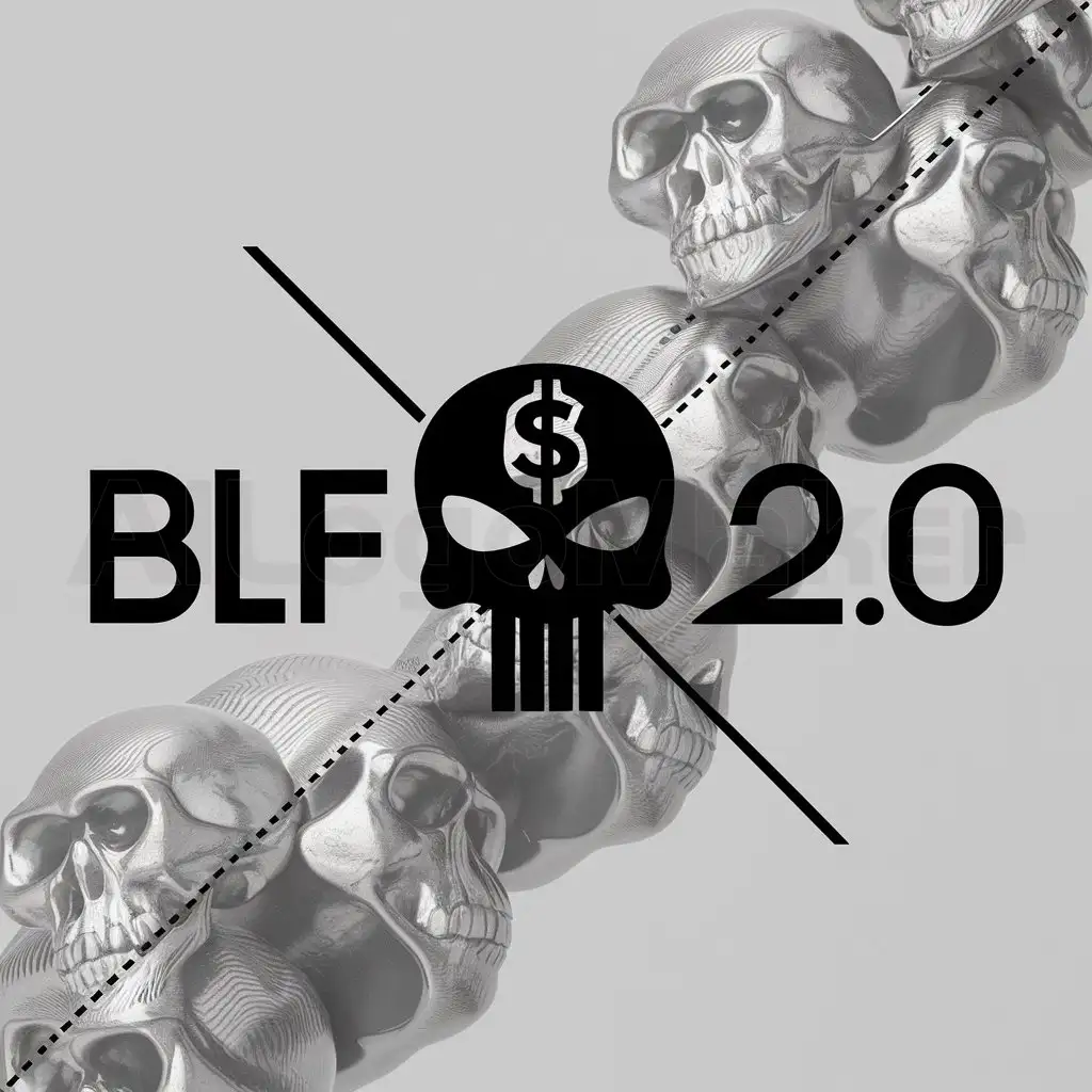 a logo design,with the text 'BLF2.0', main symbol:LOGO MAIN THEME WOULD BE SKULLS 💀 AND MONEY 💲,Minimalistic,clear backgroundnWithKINGFONT