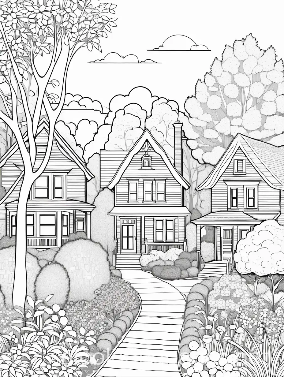 nature and a neighborhood filled with trees, flowers and forest, Coloring Page, black and white, line art, white background, Simplicity, Ample White Space