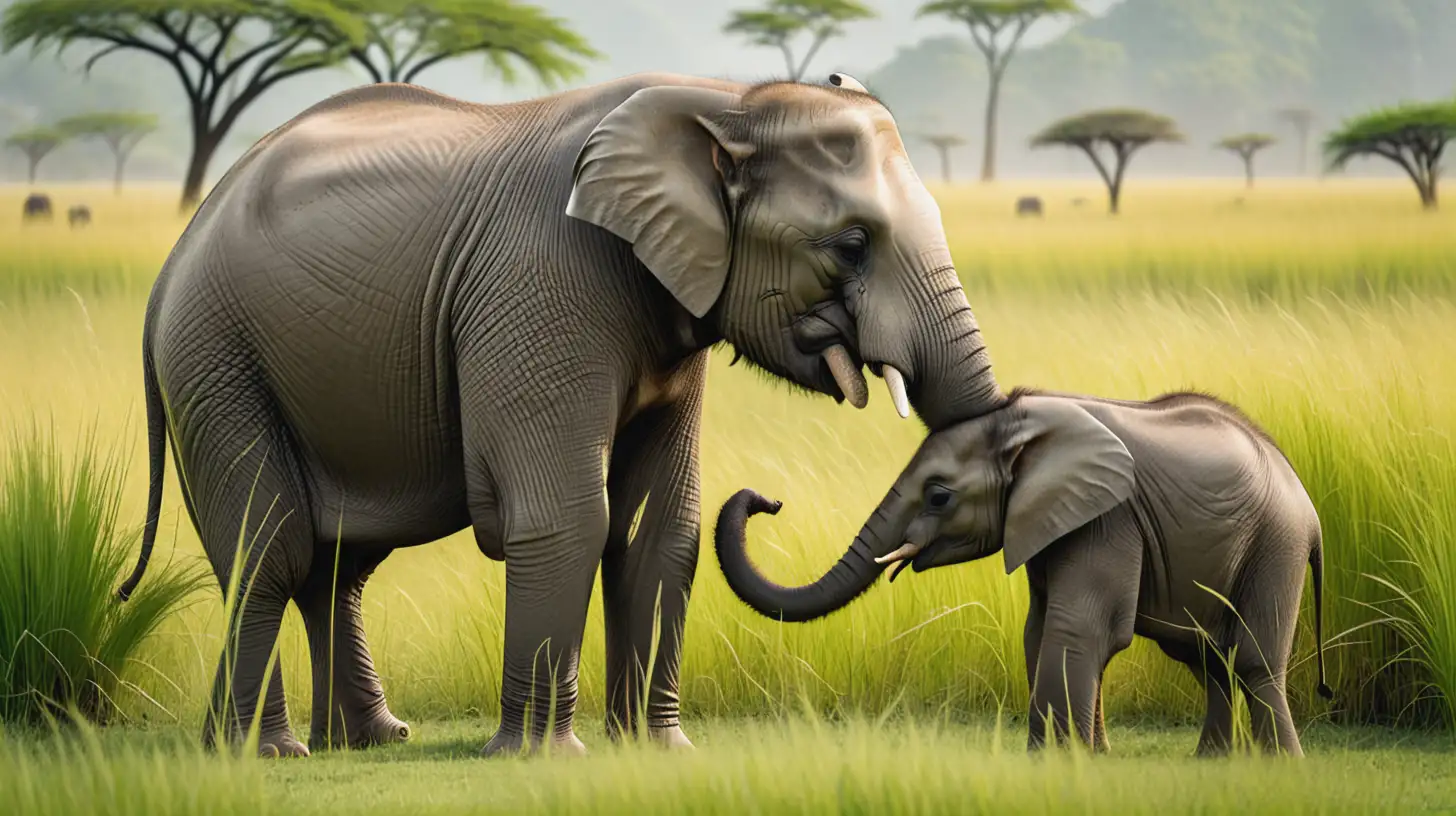 An Asian elephant and her calf stand facing each other, their trunks gently touching in the tall grass. The backdrop consists of tall, uniform yellow-green grass.