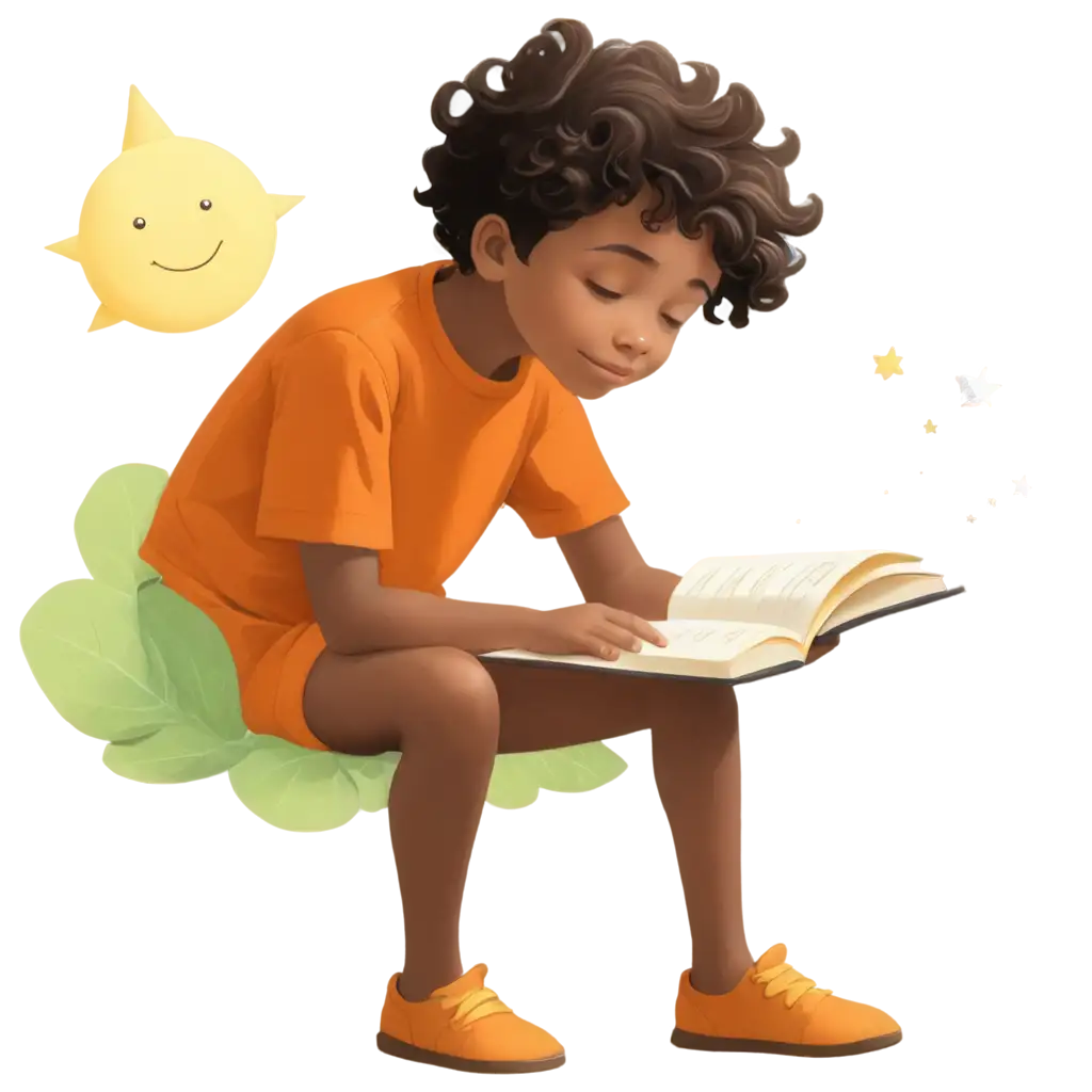 illustration d'un enfant lisant un livre qui imagine  une scène de conte de fées dans une bulle de pensée