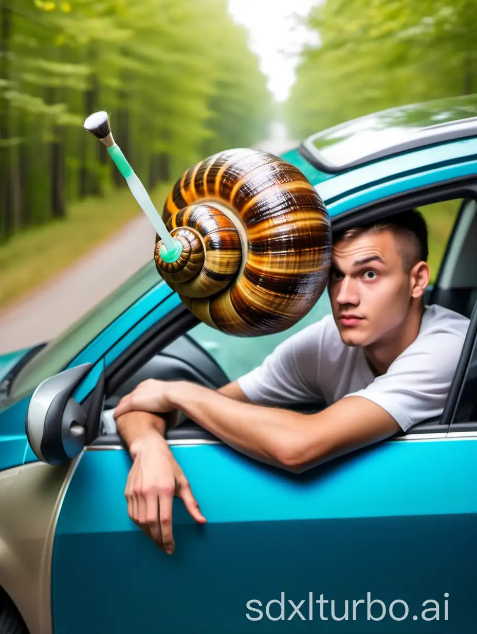 young man with propeller head comes out of a hairy snail shell with toilet brush in the car