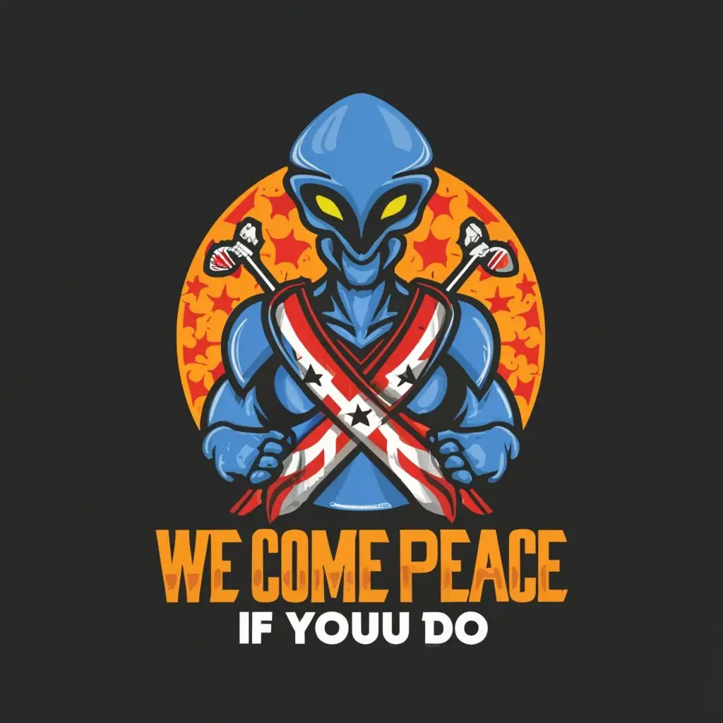 a logo design,with the text "We come in peace
 if you do", main symbol:confederate flag, alien with a beard,complex,be used in Restaurant industry,clear background