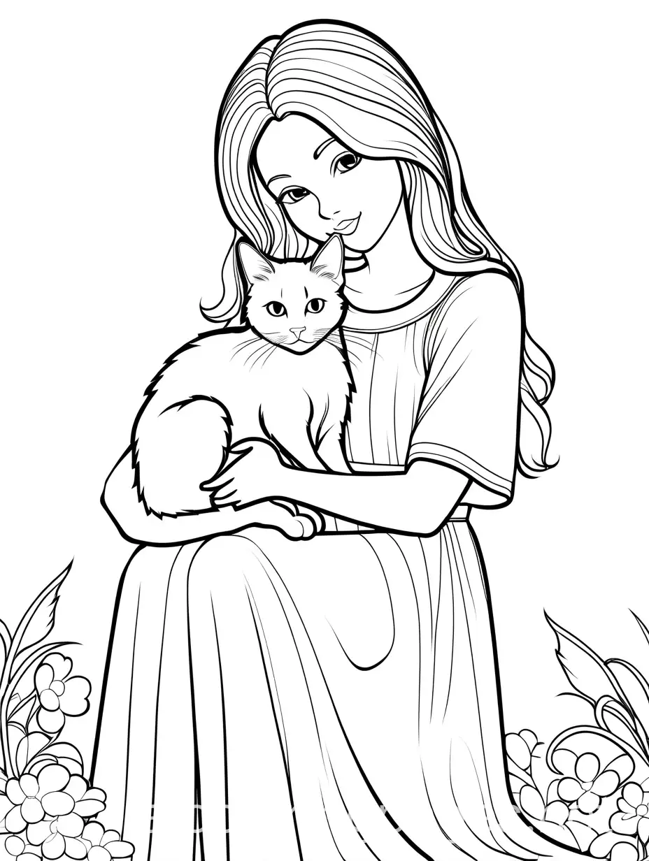 Girl cuddling a cat. Black and white. coloring book. black outlines, white space. White background. No grey shade. , Coloring Page, black and white, line art, white background, Simplicity, Ample White Space. The background of the coloring page is plain white to make it easy for young children to color within the lines. The outlines of all the subjects are easy to distinguish, making it simple for kids to color without too much difficulty