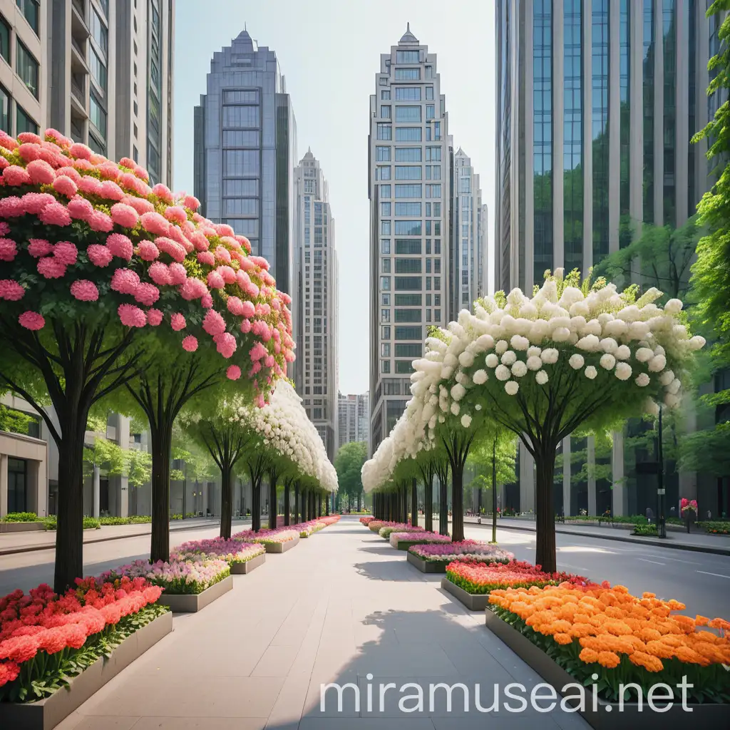 Urban Landscape with Tall Buildings and Blossoming Trees