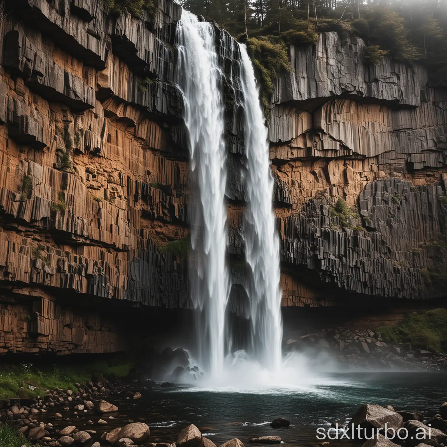 ramatic shot of a powerful waterfall cascading over a rocky cliff face.