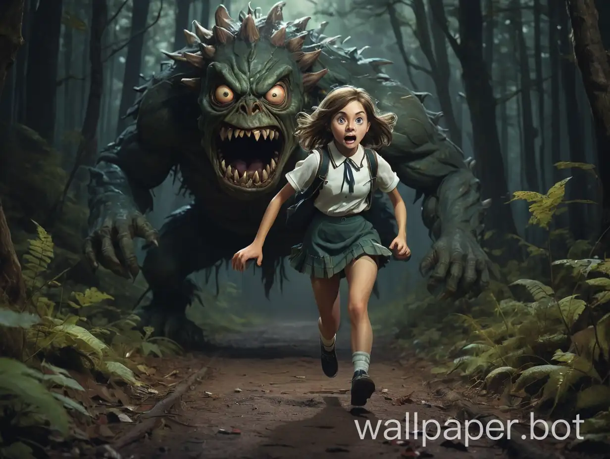 schoolgirl in mini skirt runs away from a terrifying monster on a path in the dark forest horror high detail saturated color image