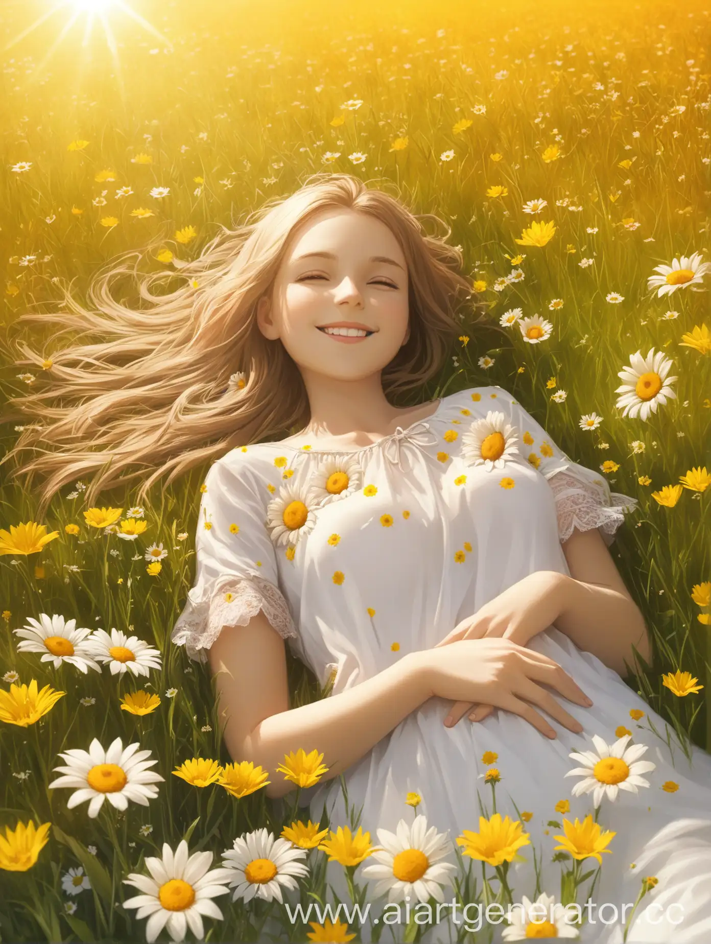 Девушка лежит в поле. вокруг нее цветы. Солнце. Улыбка. ЛЕто. 


