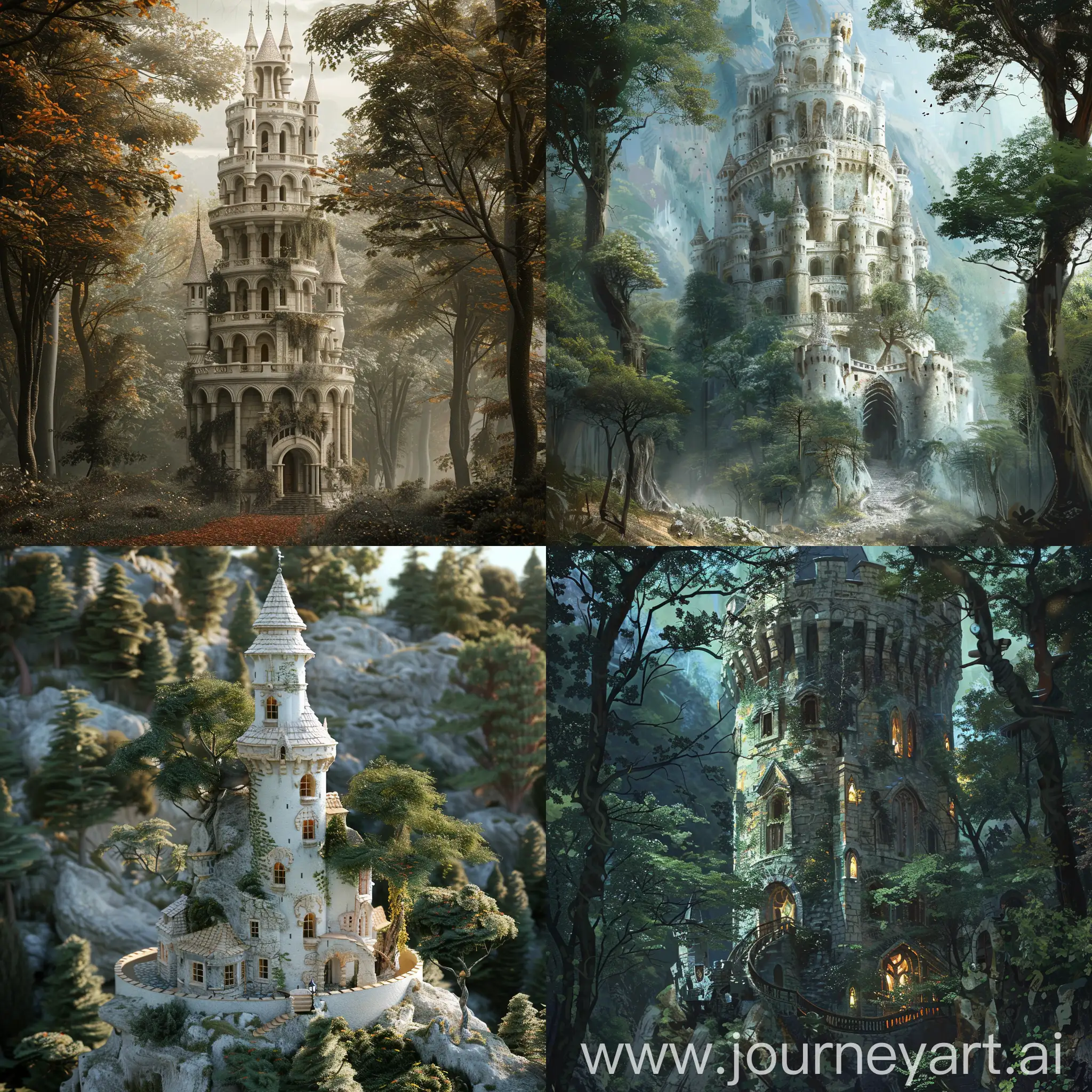 Башня гильдии магов, замок, в лесу, белая, вокруг деревья, стиль фэнтези