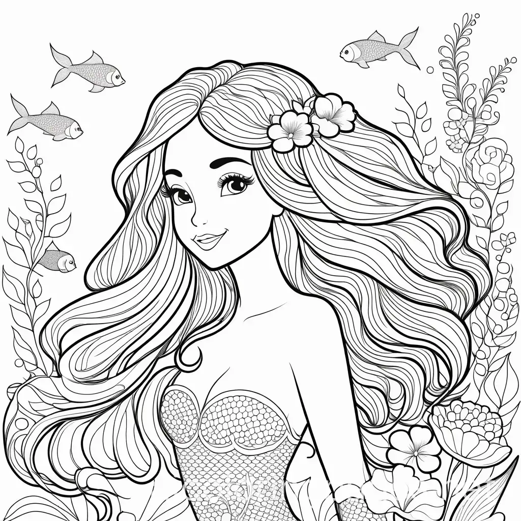 Happy-Cute-Mermaid-with-Beautiful-Hair-and-Tiara-Coloring-Page-for-Kids