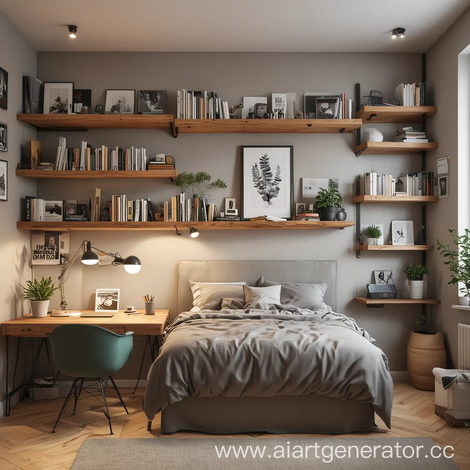 Cozy-Bedroom-and-Workspace-Design-with-Double-Bed-and-Wall-Shelves