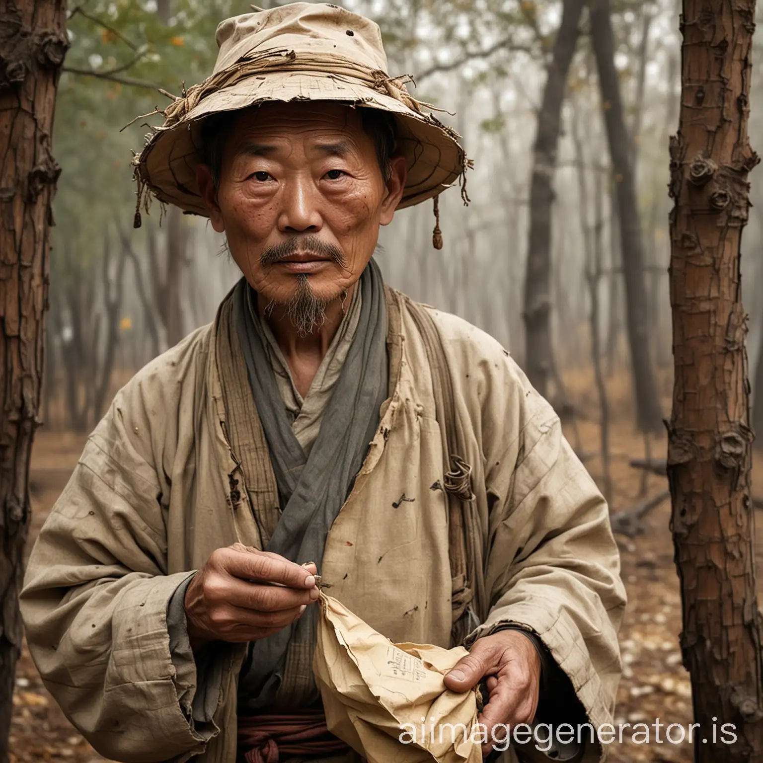 Middleaged-Chinese-Laborer-of-the-Republican-Era-with-Tobacco-Pipe-and-Tattered-Hat