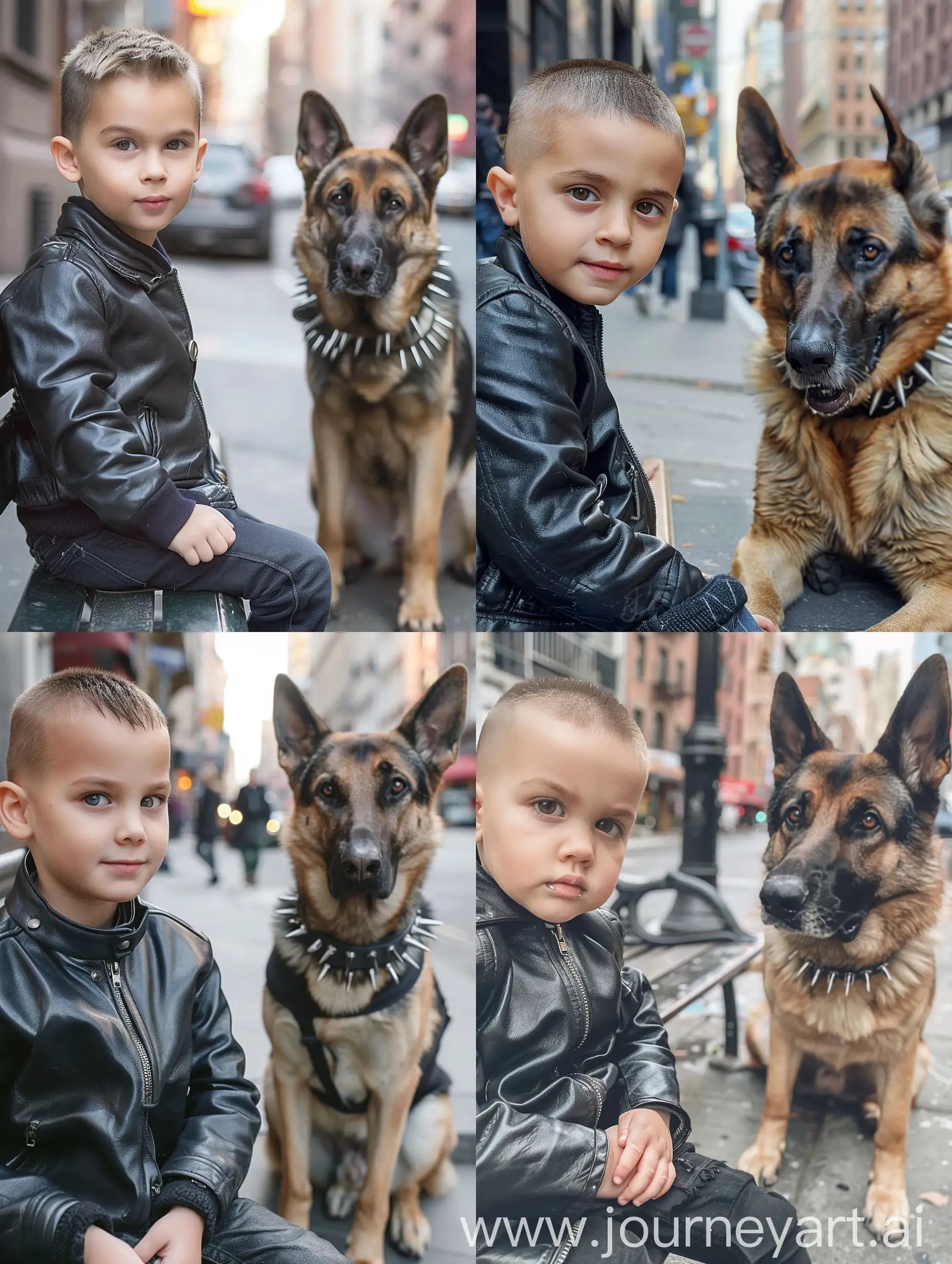 A little boy with a short haircut, seven years old, sitting on a bench in a black leather jacket on a city street next to a German Shepherd dog with a spiked collar sitting on the ground, close-up, realistic photo, hyperrealism, face clearly visible, looking at the camera, close-up photo, light-colored photo