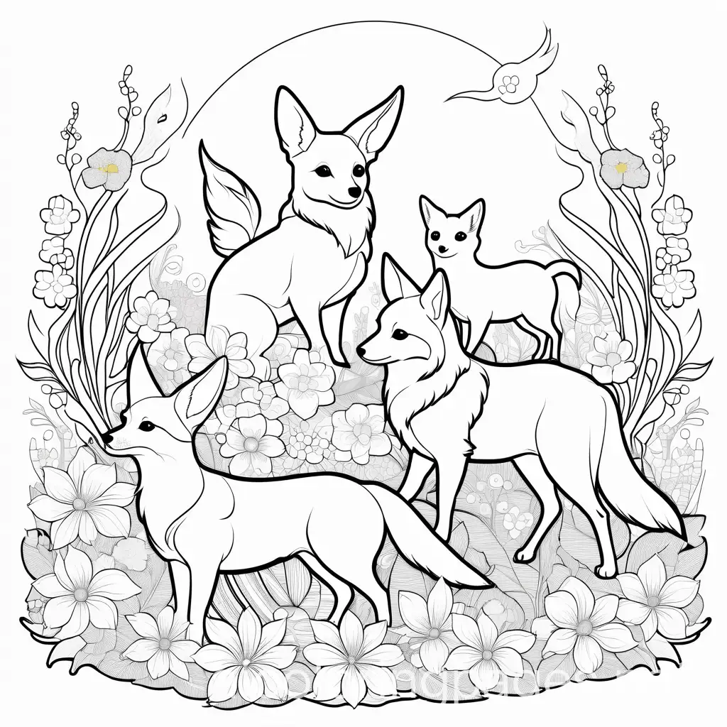 a welsh corgi, a fennec fox, and a unicorn play in flowers, Coloring Page, black and white, line art, white background, Simplicity, Ample White Space