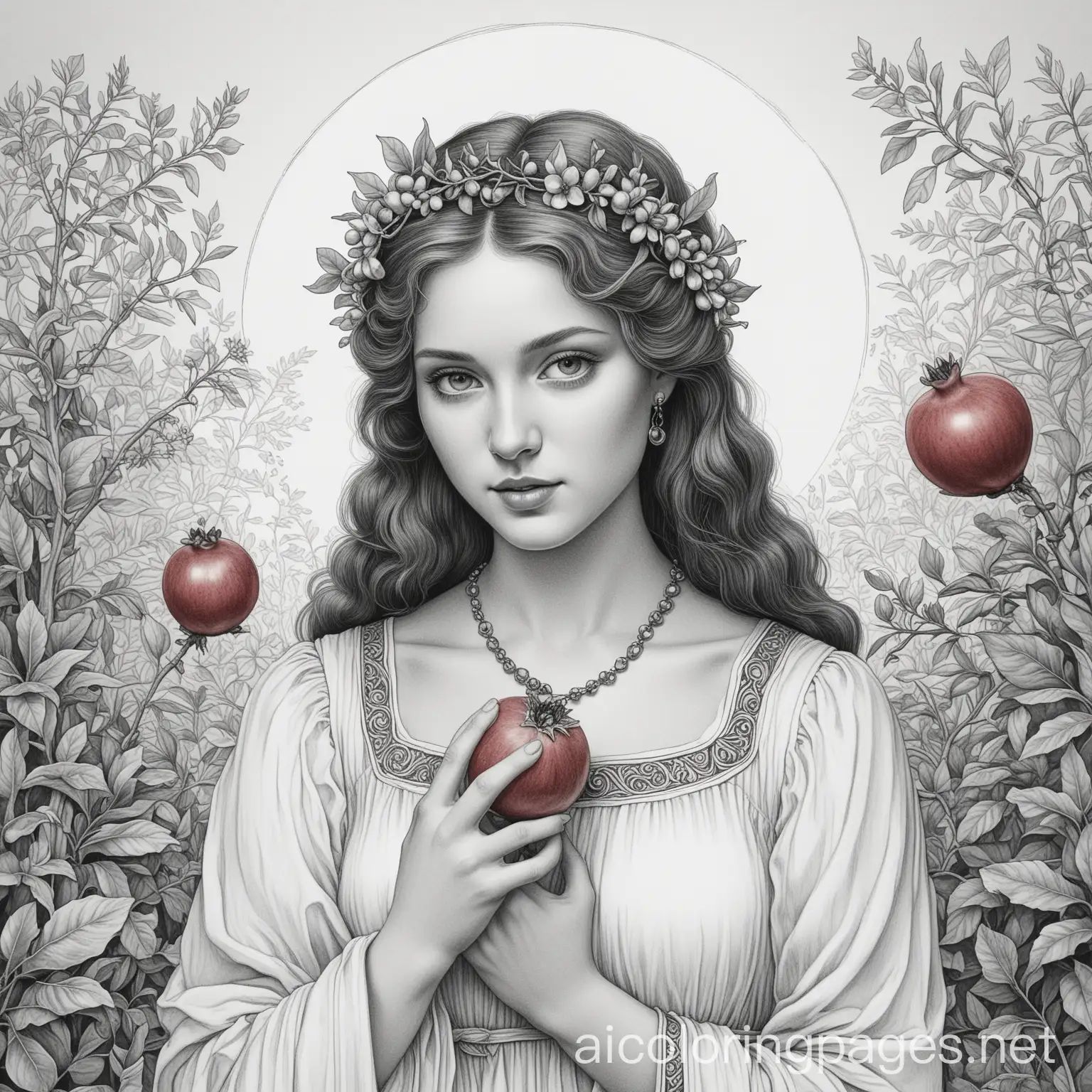 Persephone and the Pomegranate** - A serene depiction of Persephone holding a pomegranate, with elements of the underworld flora framing her. classical illustration style, fine art, Coloring Page, black and white, line art, white background, Simplicity, Ample White Space. The background of the coloring page is plain white to make it easy for young children to color within the lines. The outlines of all the subjects are easy to distinguish, making it simple for kids to color without too much difficulty