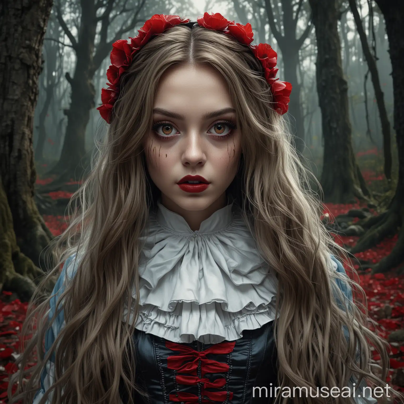  photorealistic dark alice in wonderland haunted forest background long flowing hair red lips big eyes