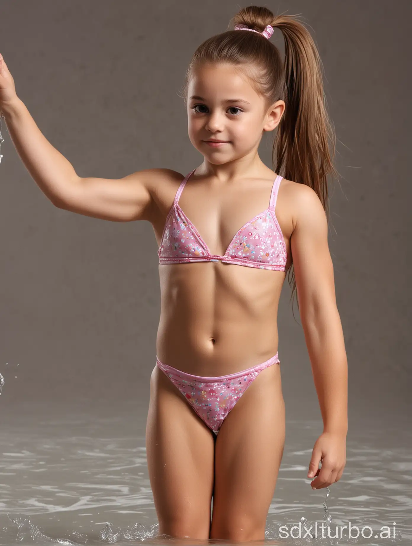 7 years old gymnast girl, long hair in a ponytail, super muscular, topless bikini, bathing