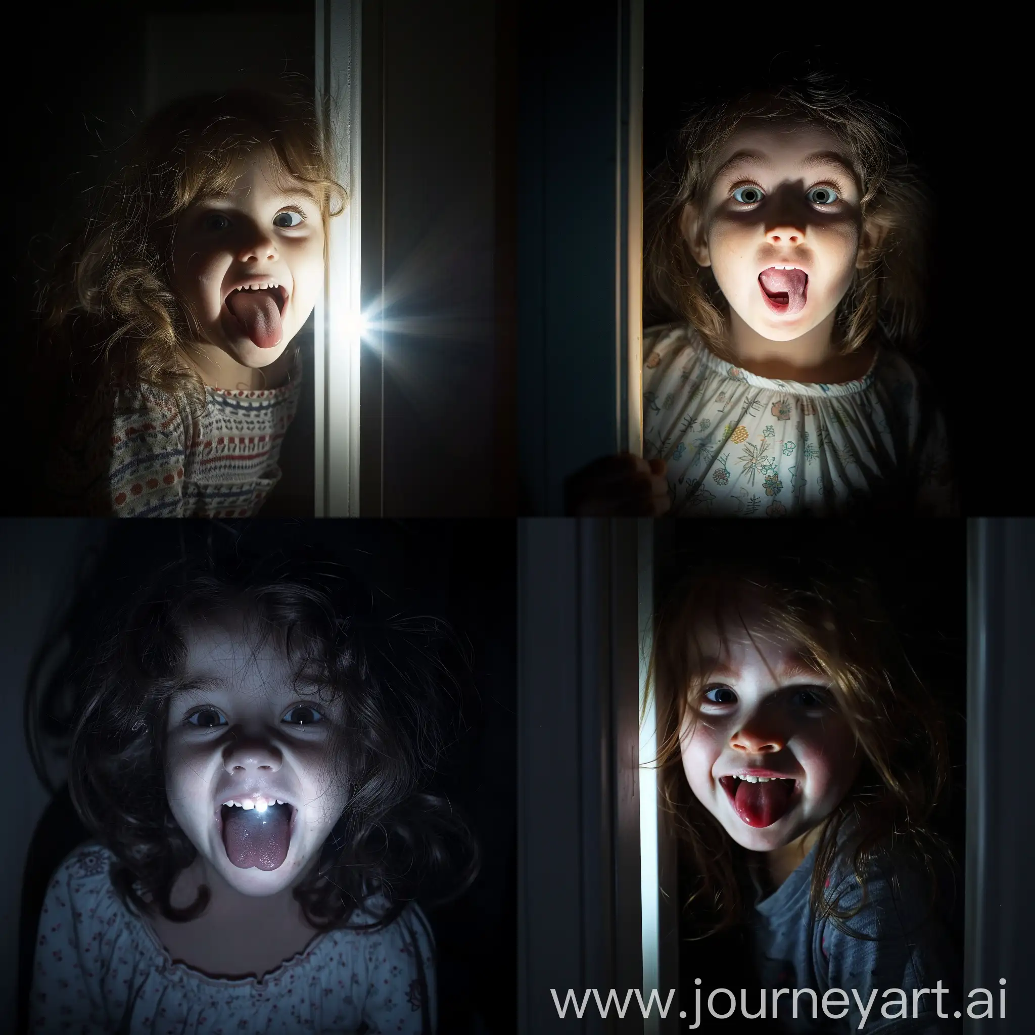Bright front flash light illumination, isolated on a cheeky young girl pulling a funny face poking her tongue out, after being caught hiding in a closet at night, with a laughing cheeky expression. light in the style of a bright white flash of Chiaroscuro light like a bright spotlight.