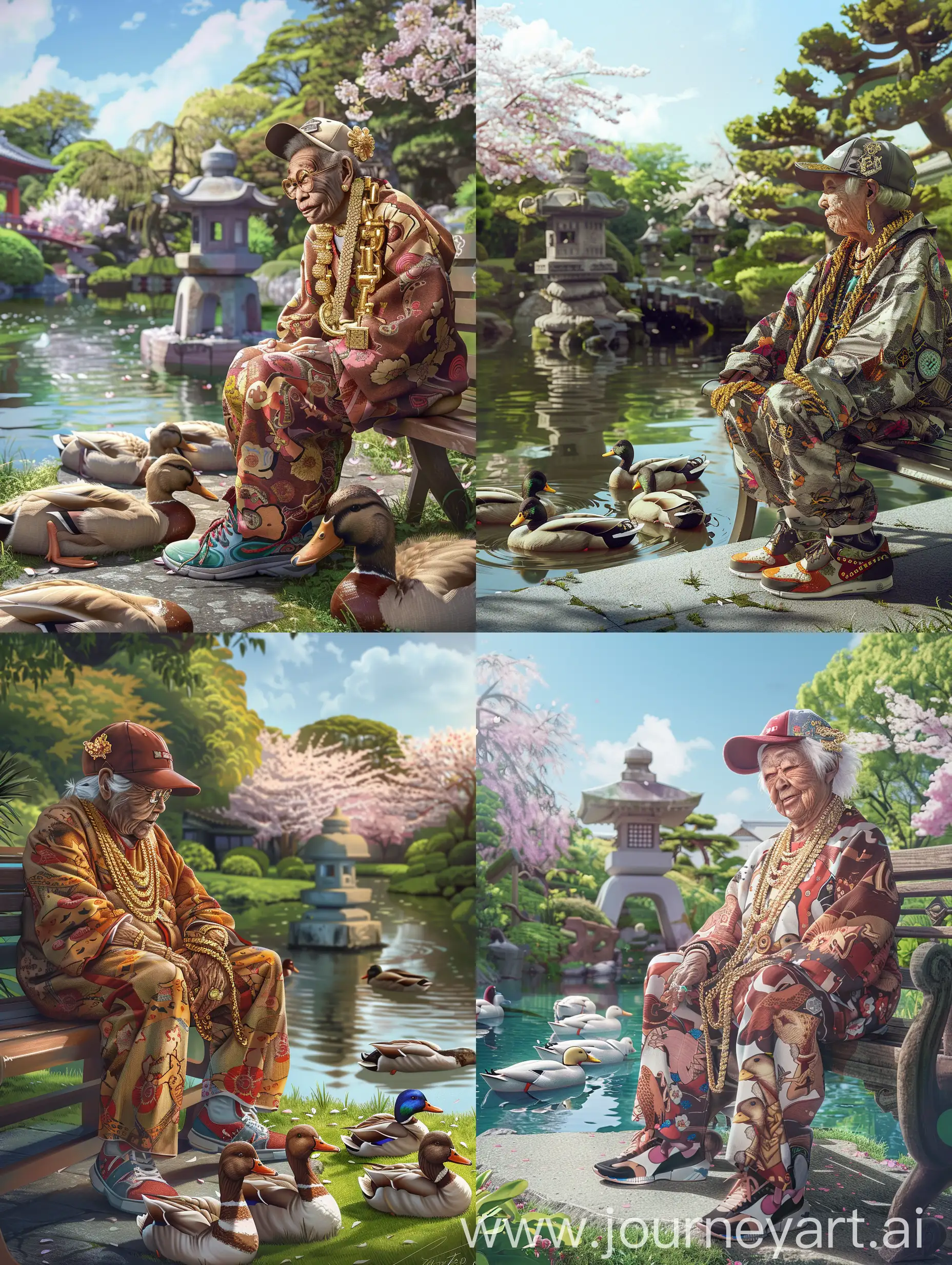 Create a vibrant and whimsical image featuring an elderly Japanese woman dressed in full rapper attire. She should be wearing a flashy tracksuit, oversized gold chains, a baseball cap turned sideways, and stylish sneakers. She may also have some traditional Japanese elements, like a kanzashi (hairpin) in her hair or a kimono pattern integrated into her tracksuit design. The setting is a serene pond in a traditional Japanese garden, where several ducks are napping peacefully. The woman is sitting on a bench or standing nearby, looking at the ducks with a wide, mischievous smile on her face. The background should include lush greenery, cherry blossoms, a stone lantern, and a clear blue sky with gentle sunlight reflecting off the water. The overall mood of the image should be playful and humorous, blending the serene natural environment with the surprising and entertaining sight of a grandmother in rapper clothing.