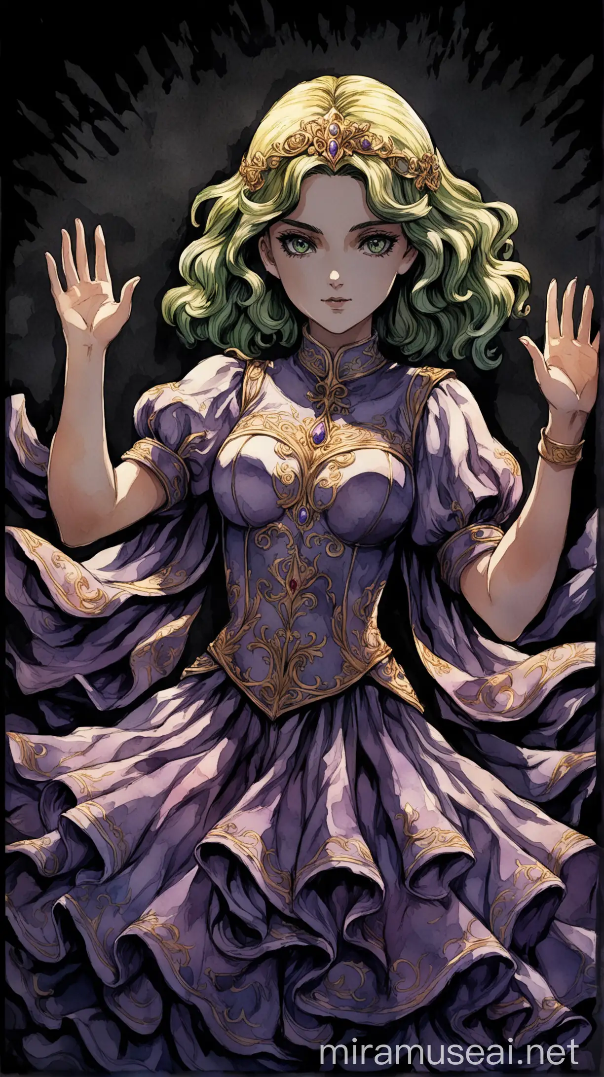Subject: The central focus of the image is a beautiful and elegant girl holding her hands up because she got caught.
Background: dark background painted in watercolor
Style/Coloring: Colors adds depth and richness to the scene. Textures and shadows make the picture more detailed. JoJo reference.
