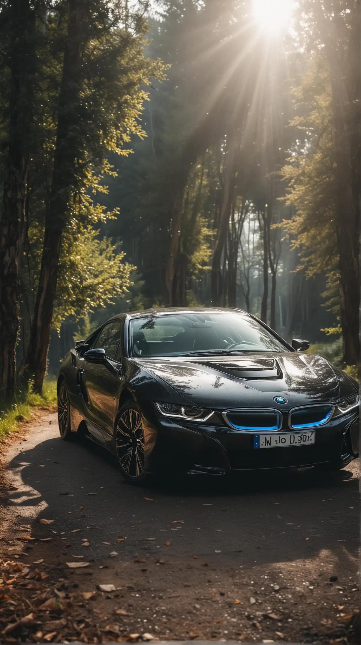 Sleek Black BMW i8 with Headlights On Amidst Scenic Nature