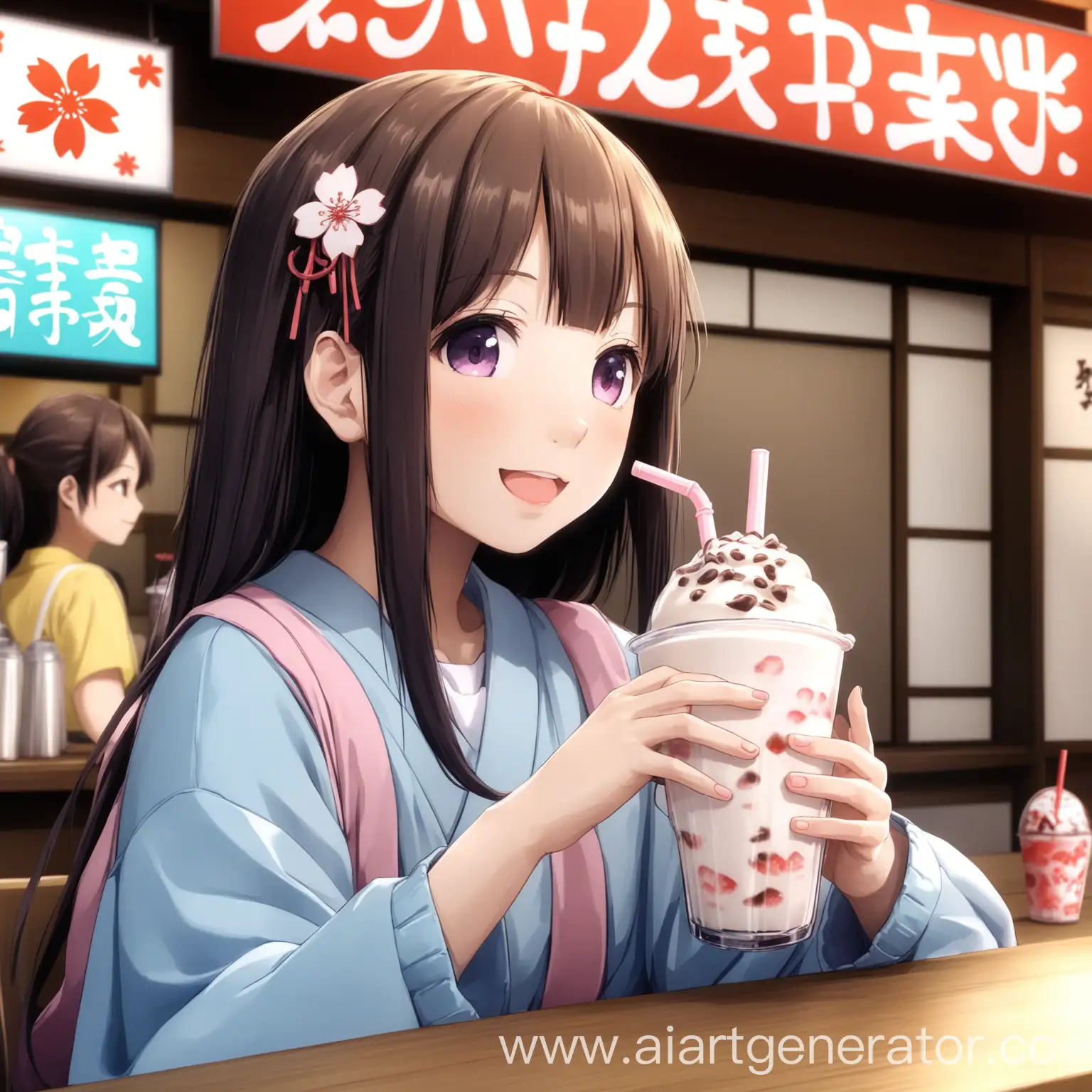 Japanese-Girl-Enjoying-Milkshake-in-Tokyo-Cafe