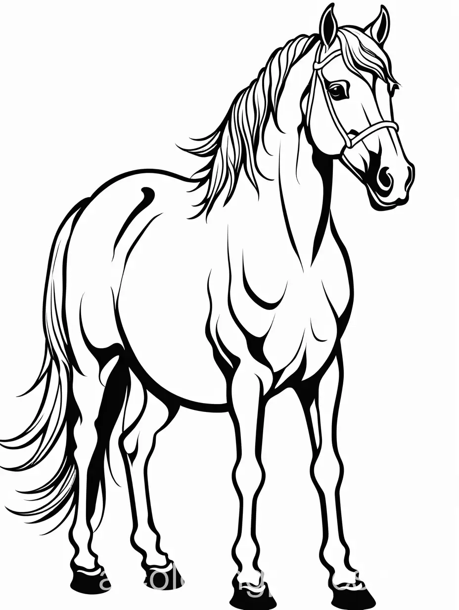 Single Horse with blank space at the bottom, Coloring Page, black and white, line art, white background, Simplicity, Ample White Space. The background of the coloring page is plain white to make it easy for young children to color within the lines. The outlines of all the subjects are easy to distinguish, making it simple for kids to color without too much difficulty