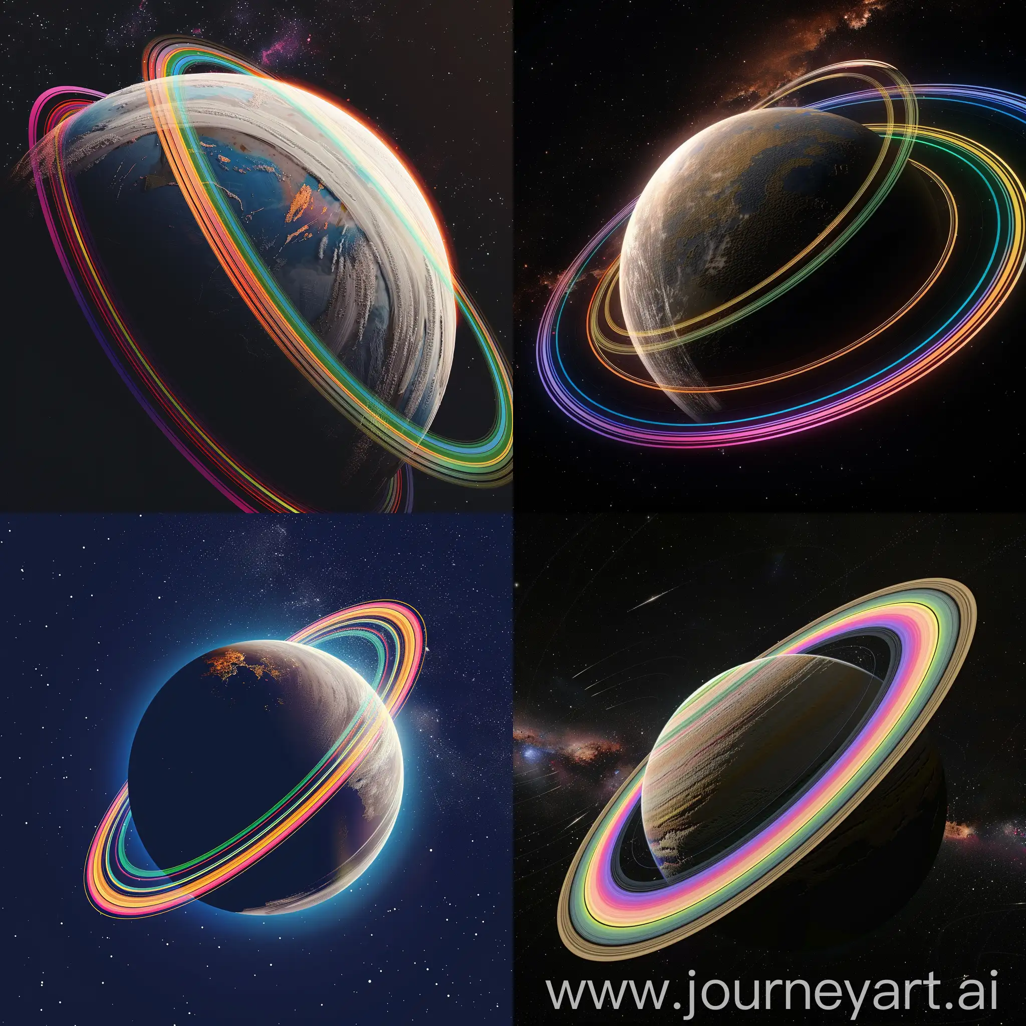 a planet with colourful rings around it in the space