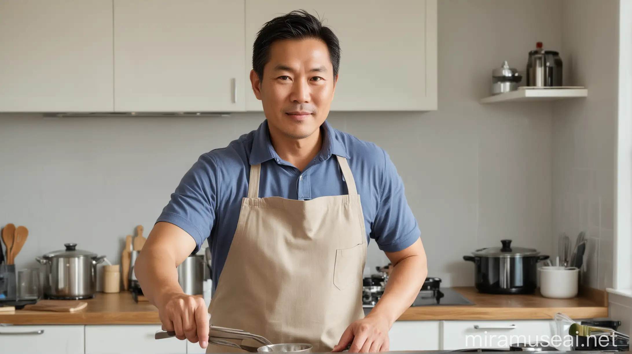 一个英俊的亚洲中年男性，在厨房炒菜，身系围裙。