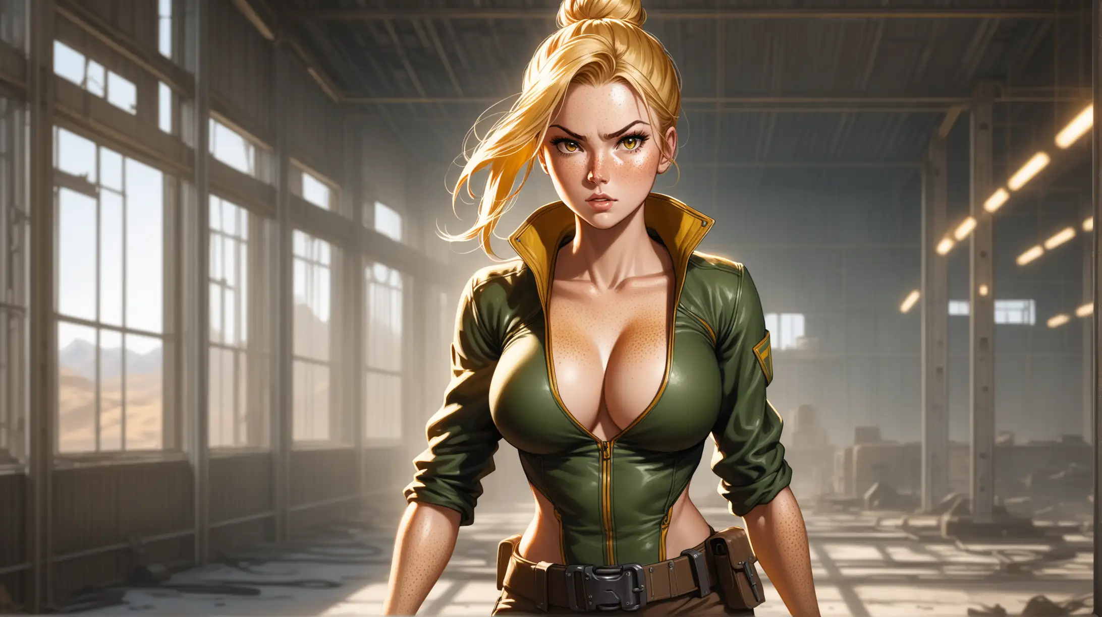 Draw a woman, long blonde hair in a bun, gold eyes, freckles, perky figure, outfit inspired from Fallout, high quality, cowboy shot, indoors, dynamic pose, seductive, natural lighting, determined expression