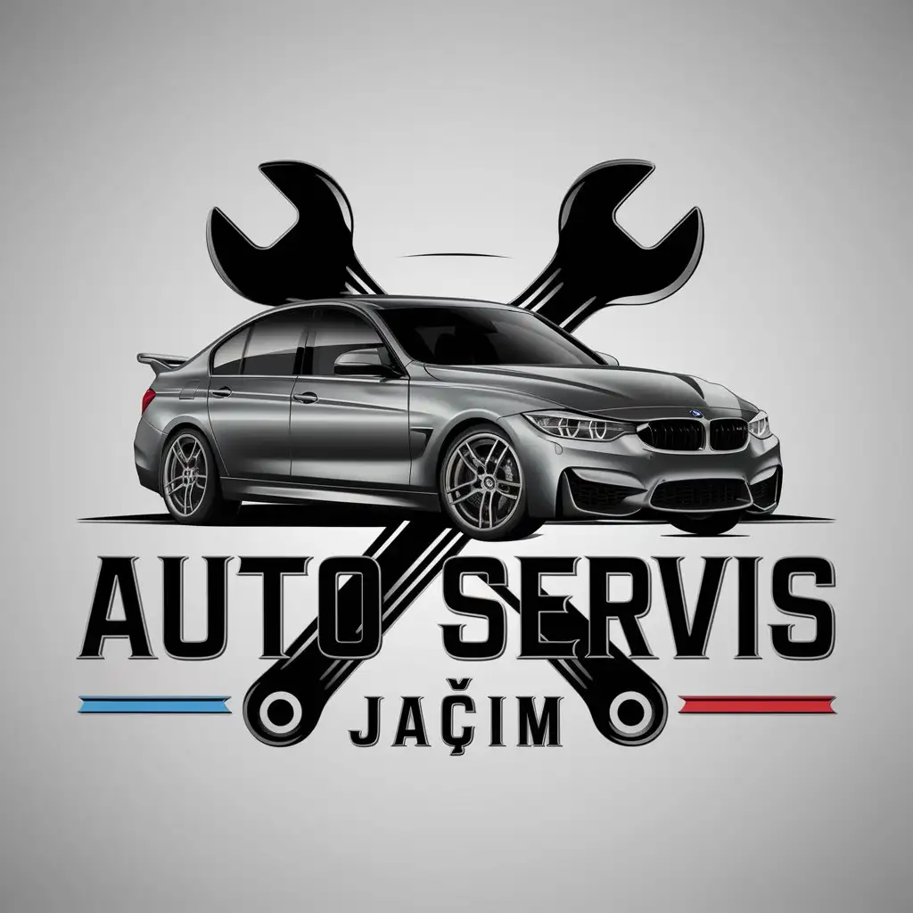 a logo design,with the text "AUTO SERVIS `JAĆIM`", main symbol:The logo features a sleek silhouette of a BMW F30 with a socket wrench crossed behind it, symbolizing precision and expertise. Bold, industrial-style fonts emphasize reliability and professionalism. The color palette of black, silver, and blue, with accents of red, ensures a modern and impactful design. This logo clearly conveys the brand’s dedication to quality car care and mechanical excellence.,Moderate,be used in Automotive industry,clear background